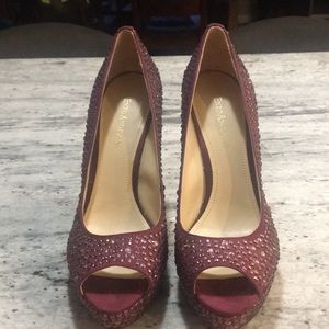 Ladies 5 inch burgundy gem studded heels